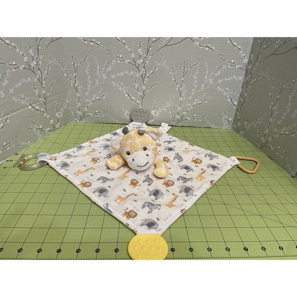 Modern Baby Giraffe Baby Lovey Security Blanket Rattle Teething Rings White Tan - Picture 2 of 10